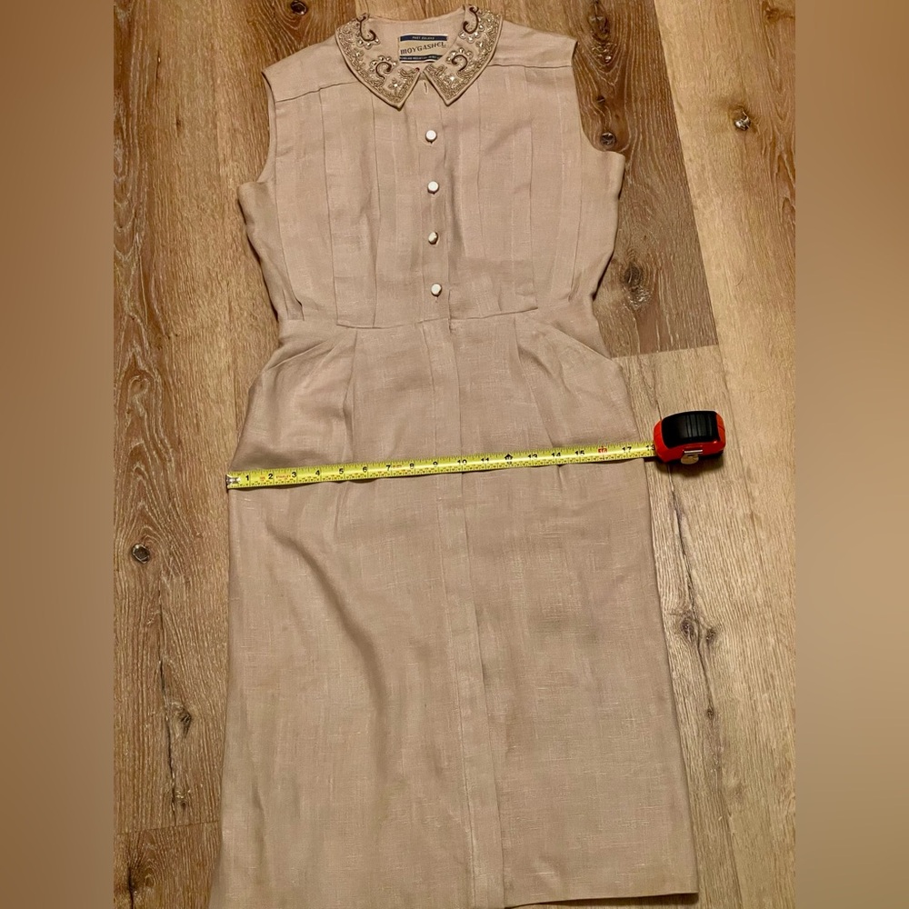 Vintage 1940’s 50s rhinestone beads linen dress pleats buttons Medium M 28”w VLV - Picture 8 of 12